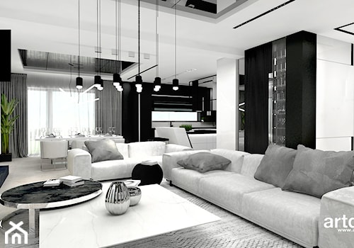 LITTLE BY LITTLE | I | Wnętrza domu - Duży biały czarny salon z kuchnią z jadalnią, styl nowoczesny - zdjęcie od ARTDESIGN architektura wnętrz