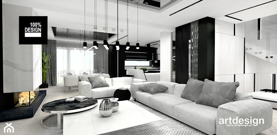 LITTLE BY LITTLE | I | Wnętrza domu - Duży biały czarny salon z kuchnią z jadalnią, styl nowoczesny - zdjęcie od ARTDESIGN architektura wnętrz