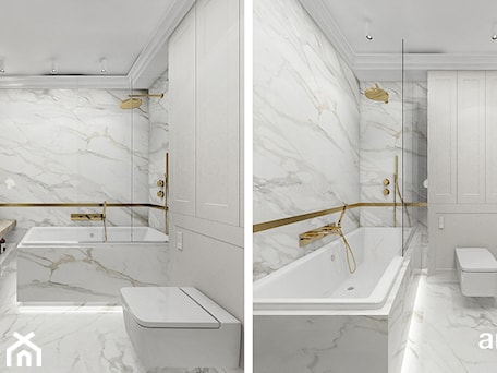 Aranżacje wnętrz - Łazienka: Biała łazienka ze złotymi akcentami - ARTDESIGN architektura wnętrz. Przeglądaj, dodawaj i zapisuj najlepsze zdjęcia, pomysły i inspiracje designerskie. W bazie mamy już prawie milion fotografii!