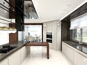 PLACE IN THE SUN | Wnętrza domu - Otwarta czarna szara z zabudowaną lodówką z podblatowym zlewozmywakiem kuchnia dwurzędowa z oknem z marmurem nad blatem kuchennym, styl nowoczesny - zdjęcie od ARTDESIGN architektura wnętrz