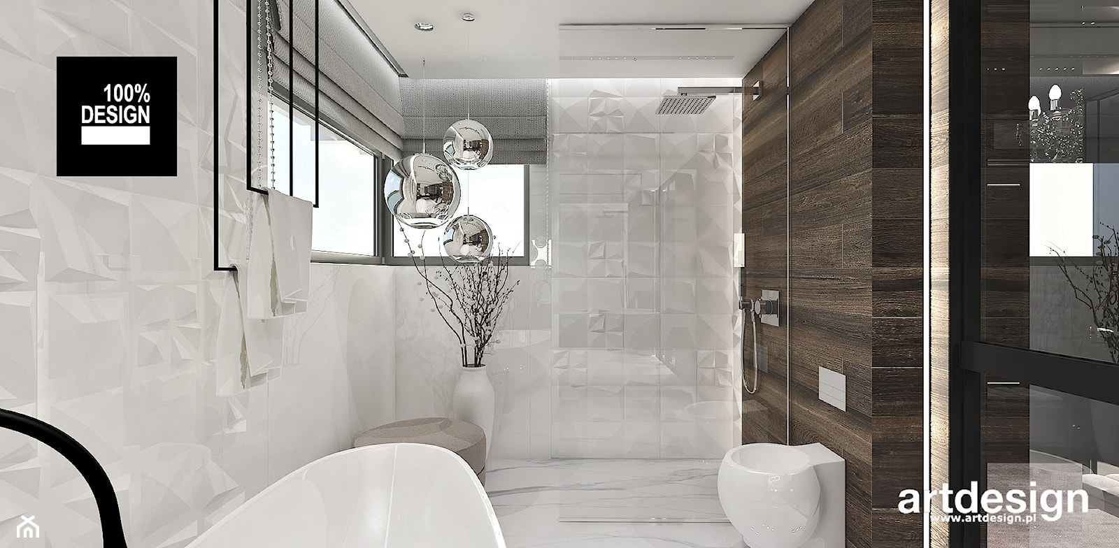 biała łazienka z akcentem drewna - zdjęcie od ARTDESIGN architektura wnętrz - Homebook
