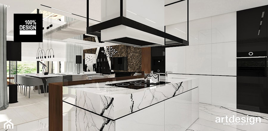 Biało-czarna kuchnia z dekoracyjnym blatem - zdjęcie od ARTDESIGN architektura wnętrz