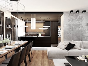 LOOK #61 | Wnętrza apartamentu - Średni biały czarny salon z kuchnią z jadalnią z tarasem / balkonem z bibiloteczką, styl nowoczesny - zdjęcie od ARTDESIGN architektura wnętrz