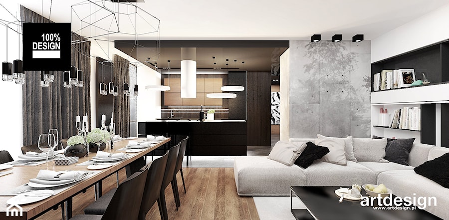 LOOK #61 | Wnętrza apartamentu - Średni biały czarny salon z kuchnią z jadalnią z tarasem / balkonem z bibiloteczką, styl nowoczesny - zdjęcie od ARTDESIGN architektura wnętrz