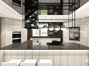 PLACE IN THE SUN | Wnętrza domu - Duża otwarta czarna szara z zabudowaną lodówką z podblatowym zlewozmywakiem kuchnia w kształcie litery u z wyspą lub półwyspem z oknem z marmurem nad blatem kuchennym, styl nowoczesny - zdjęcie od ARTDESIGN architektura wnętrz