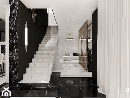 Aranżacje wnętrz - Hol / Przedpokój: Eleganckie białe schody - ARTDESIGN architektura wnętrz. Przeglądaj, dodawaj i zapisuj najlepsze zdjęcia, pomysły i inspiracje designerskie. W bazie mamy już prawie milion fotografii!