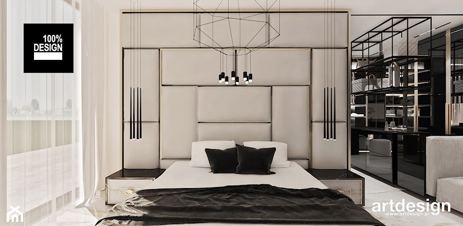 Sypialnia z dużym tapicerowanym zagłówkiem łóżka - zdjęcie od ARTDESIGN architektura wnętrz
