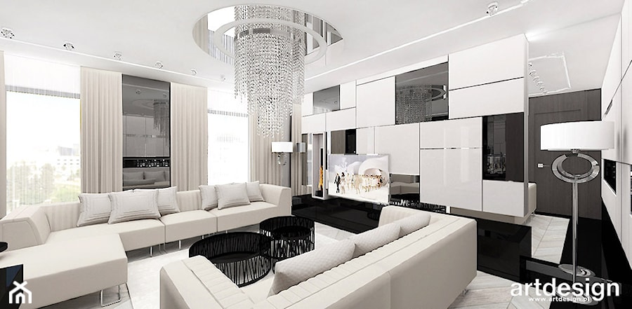SHOW-OFF | Wnętrza apartamentu - Duży biały czarny salon, styl nowoczesny - zdjęcie od ARTDESIGN architektura wnętrz