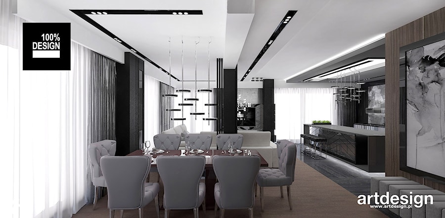 FLYING HIGH | Wnętrza apartamentu - Duża czarna jadalnia w salonie w kuchni, styl nowoczesny - zdjęcie od ARTDESIGN architektura wnętrz