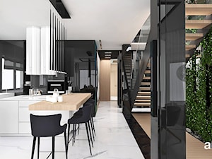 BIRD'S EYE VIEW | I | Wnętrza domu - Duża otwarta czarna szara z zabudowaną lodówką kuchnia w kształcie litery l z oknem, styl nowoczesny - zdjęcie od ARTDESIGN architektura wnętrz