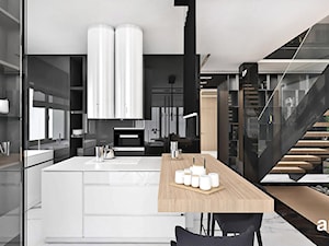 BIRD'S EYE VIEW | I | Wnętrza domu - Duża otwarta czarna z zabudowaną lodówką kuchnia w kształcie litery u z wyspą lub półwyspem z oknem, styl nowoczesny - zdjęcie od ARTDESIGN architektura wnętrz