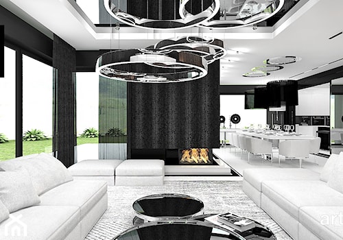 MAKE IT HAPPEN | I | Wnętrza domu - Duży czarny salon z kuchnią z jadalnią z tarasem / balkonem, styl minimalistyczny - zdjęcie od ARTDESIGN architektura wnętrz