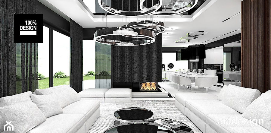 MAKE IT HAPPEN | I | Wnętrza domu - Duży czarny salon z kuchnią z jadalnią z tarasem / balkonem, styl minimalistyczny - zdjęcie od ARTDESIGN architektura wnętrz