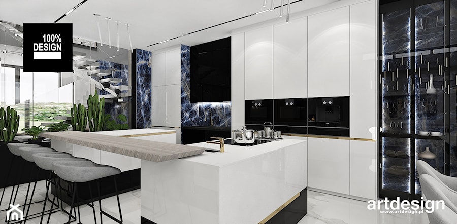 Biało-czarna kuchnia z granatowymi i złotymi dodatkami - zdjęcie od ARTDESIGN architektura wnętrz