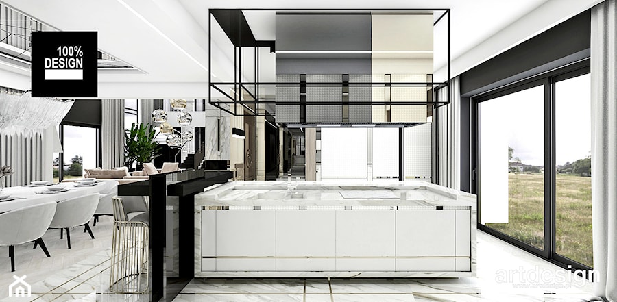 IT IS LIKE OXYGEN | I | Wnętrza domu - Średnia otwarta z salonem czarna szara z zabudowaną lodówką z podblatowym zlewozmywakiem kuchnia jednorzędowa z oknem, styl nowoczesny - zdjęcie od ARTDESIGN architektura wnętrz