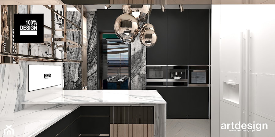 TAKE THE BULL BY THE HORNS | Wnętrza apartamentu - Duża otwarta czarna z zabudowaną lodówką kuchnia jednorzędowa z oknem z marmurem nad blatem kuchennym, styl nowoczesny - zdjęcie od ARTDESIGN architektura wnętrz