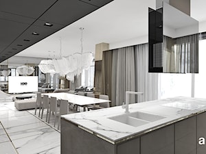 GOLDFINGER | Wnętrza apartamentu - Średnia otwarta szara z zabudowaną lodówką z podblatowym zlewozmywakiem kuchnia w kształcie litery l z wyspą lub półwyspem z oknem, styl nowoczesny - zdjęcie od ARTDESIGN architektura wnętrz