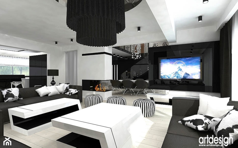 czarno białe wnętrze salonu z jadalnią - zdjęcie od ARTDESIGN architektura wnętrz - Homebook