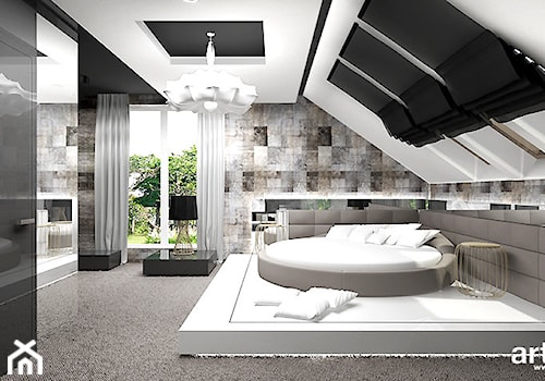 TOUGH NUT TO CRACK | Sypialnia i łazienka - Duża szara z panelami tapicerowanymi sypialnia na poddaszu z balkonem / tarasem, styl nowoczesny - zdjęcie od ARTDESIGN architektura wnętrz