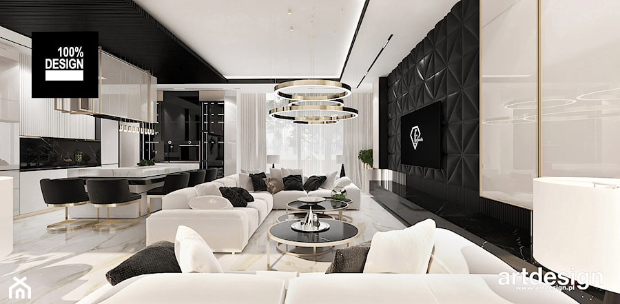 Biało-czarno-beżowy salon z kuchnią - zdjęcie od ARTDESIGN architektura wnętrz