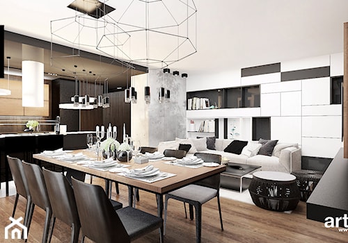 LOOK #61 | Wnętrza apartamentu - Duży biały szary salon z kuchnią z jadalnią z bibiloteczką, styl nowoczesny - zdjęcie od ARTDESIGN architektura wnętrz