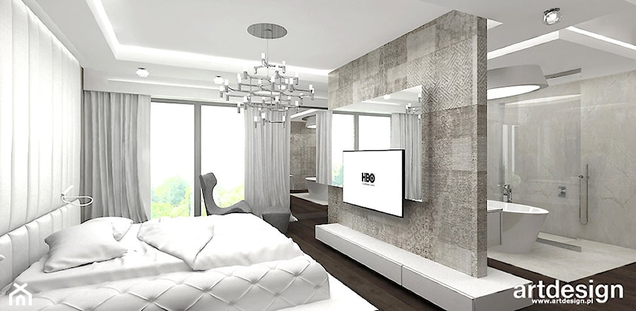 EASIER SAID THAN DONE | II | Wnętrza rezydencji - Duża biała szara z panelami tapicerowanymi sypialnia z łazienką, styl nowoczesny - zdjęcie od ARTDESIGN architektura wnętrz