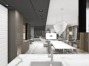 GOLDFINGER | Wnętrza apartamentu - Duża otwarta z kamiennym blatem czarna z zabudowaną lodówką z nablatowym zlewozmywakiem kuchnia w kształcie litery l, styl nowoczesny - zdjęcie od ARTDESIGN architektura wnętrz
