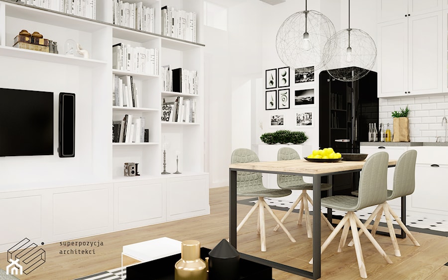 Mieszkanie w Gliwicach - Średnia biała jadalnia w salonie w kuchni - zdjęcie od Superpozycja Architekci Dominika Trzcińska