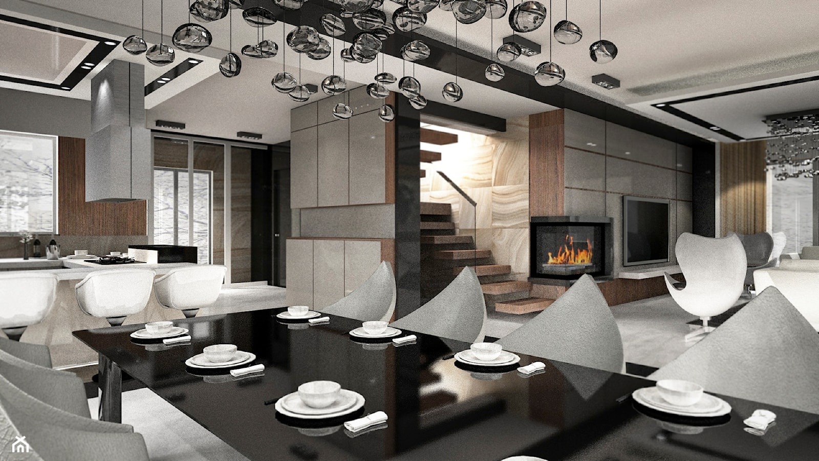 Dom pokazowy w Ożarowie - Duża jadalnia w salonie w kuchni - zdjęcie od BAUART STUDIO Pracownia Architektury - Homebook