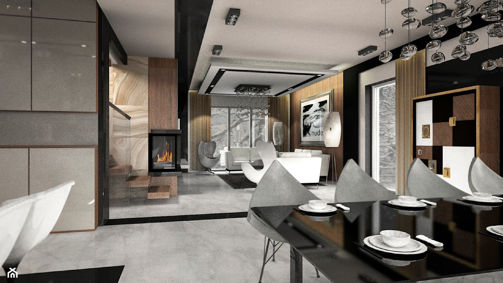 Dom pokazowy w Ożarowie - Średnia biała czarna jadalnia w salonie - zdjęcie od BAUART STUDIO Pracownia Architektury - Homebook