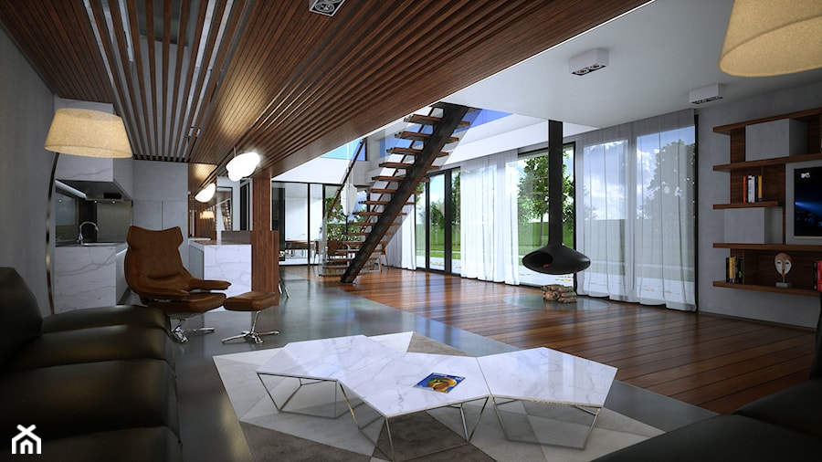 Wallhouse - Duży szary salon z kuchnią z jadalnią - zdjęcie od BAUART STUDIO Pracownia Architektury