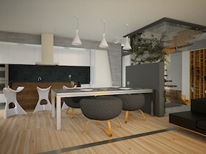 Dom Framehouse - Duża biała szara jadalnia w salonie w kuchni - zdjęcie od BAUART STUDIO Pracownia Architektury