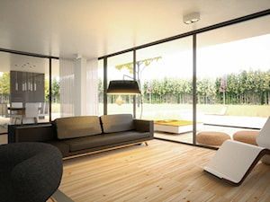 Dom Framehouse - Średni biały szary salon z tarasem / balkonem - zdjęcie od BAUART STUDIO Pracownia Architektury