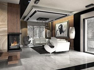 Dom pokazowy w Ożarowie - Duży biały czarny salon z tarasem / balkonem - zdjęcie od BAUART STUDIO Pracownia Architektury