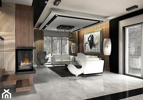 Dom pokazowy w Ożarowie - Duży biały czarny salon z tarasem / balkonem - zdjęcie od BAUART STUDIO Pracownia Architektury