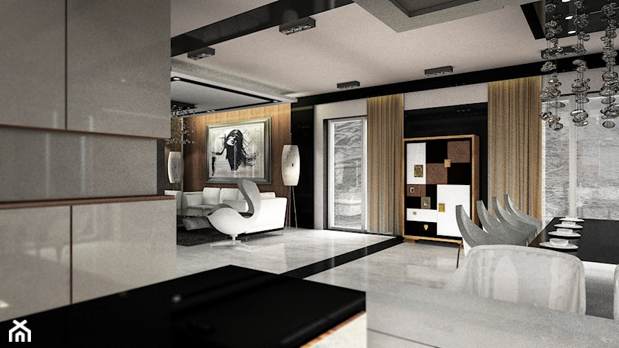 Dom pokazowy w Ożarowie - Duży biały czarny salon z kuchnią z jadalnią z tarasem / balkonem z barkiem - zdjęcie od BAUART STUDIO Pracownia Architektury