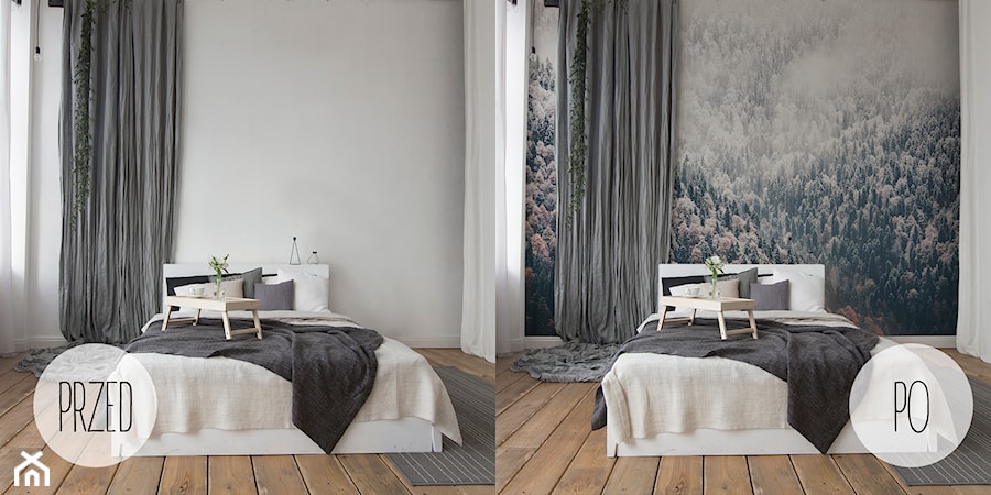 Metamorfoza sypialni - krajobraz 3D na pustej ścianie za zagłówkiem - zdjęcie od REDRO