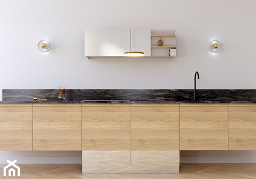Powiśle - 54 m.² - Średnia otwarta z kamiennym blatem biała czarna z zabudowaną lodówką kuchnia jednorzędowa z marmurem nad blatem kuchennym, styl minimalistyczny - zdjęcie od Studio Monocco