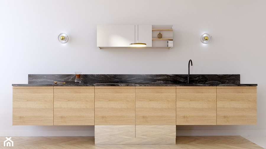 Powiśle - 54 m.² - Średnia otwarta z kamiennym blatem biała czarna z zabudowaną lodówką kuchnia jednorzędowa z marmurem nad blatem kuchennym, styl minimalistyczny - zdjęcie od Studio Monocco