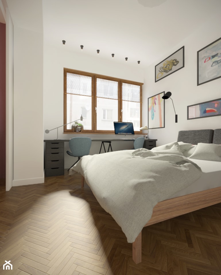 Śródmieście - 50 m² - Mała biała z biurkiem sypialnia, styl nowoczesny - zdjęcie od Studio Monocco