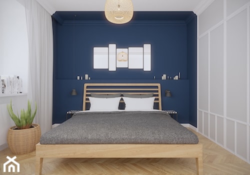 Mokotów - 55 m.² - Średnia biała niebieska sypialnia, styl skandynawski - zdjęcie od Studio Monocco
