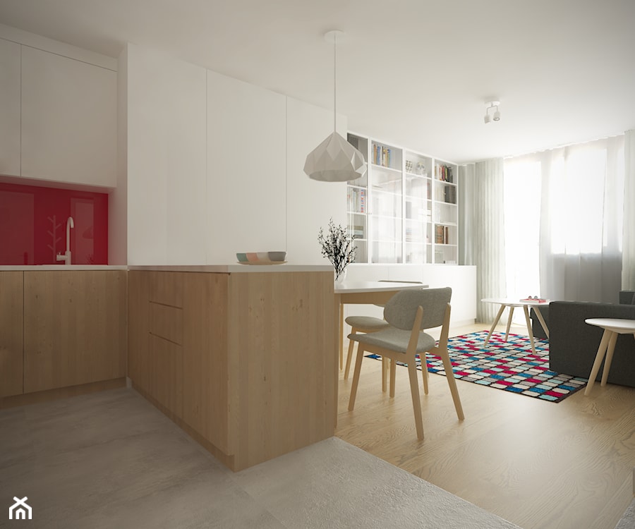 Służew - 38m² - Średni biały salon z kuchnią z jadalnią, styl skandynawski - zdjęcie od Studio Monocco