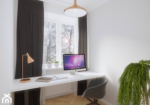 Mokotów - 55 m.² - Małe w osobnym pomieszczeniu z zabudowanym biurkiem białe szare biuro, styl skandynawski - zdjęcie od Studio Monocco