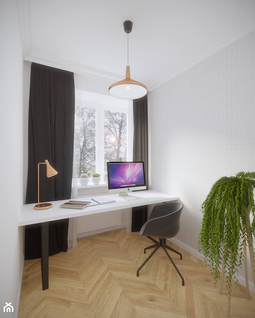Mokotów - 55 m.² - Małe w osobnym pomieszczeniu z zabudowanym biurkiem białe szare biuro, styl skandynawski - zdjęcie od Studio Monocco - Homebook