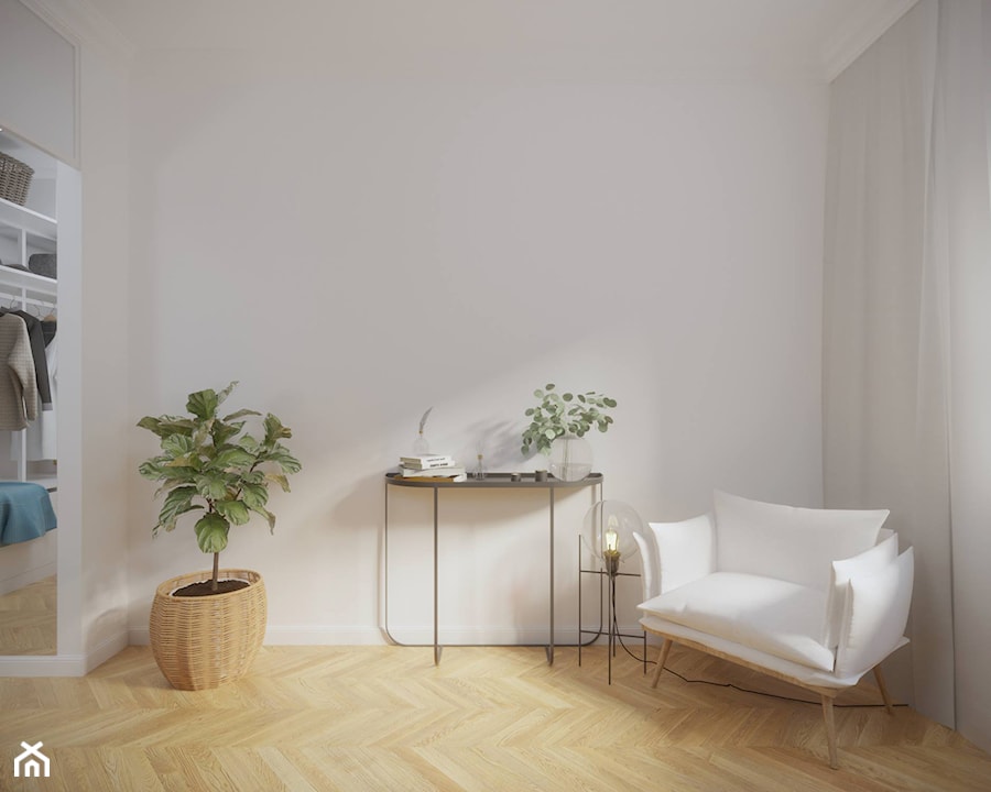 Mokotów - 55 m.² - Średnia biała sypialnia z garderobą, styl skandynawski - zdjęcie od Studio Monocco