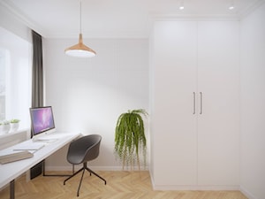 Mokotów - 55 m.² - Średnie w osobnym pomieszczeniu z zabudowanym biurkiem białe biuro, styl skandynawski - zdjęcie od Studio Monocco