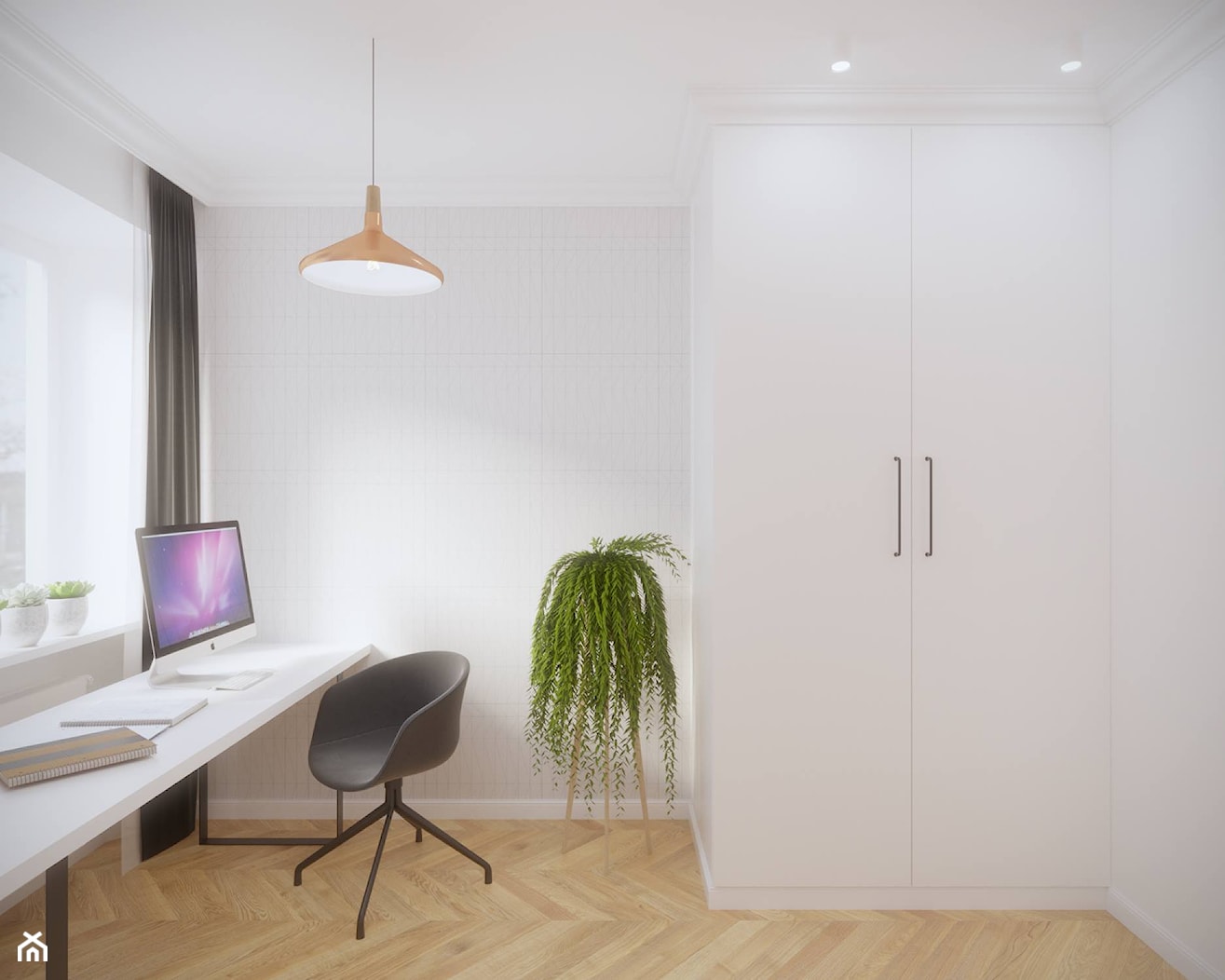 Mokotów - 55 m.² - Średnie w osobnym pomieszczeniu z zabudowanym biurkiem białe biuro, styl skandynawski - zdjęcie od Studio Monocco - Homebook