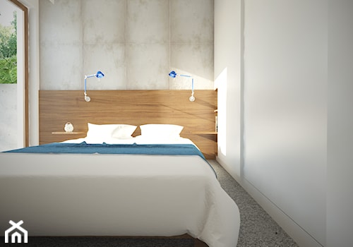 Sadyba - 65m2. - Średnia biała szara sypialnia z balkonem / tarasem, styl minimalistyczny - zdjęcie od Studio Monocco