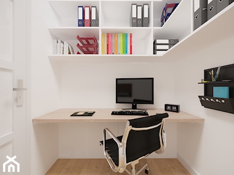 Aranżacje wnętrz - Biuro: Bemowo - 90 m² - Małe z zabudowanym biurkiem białe biuro, styl minimalistyczny - Studio Monocco. Przeglądaj, dodawaj i zapisuj najlepsze zdjęcia, pomysły i inspiracje designerskie. W bazie mamy już prawie milion fotografii!