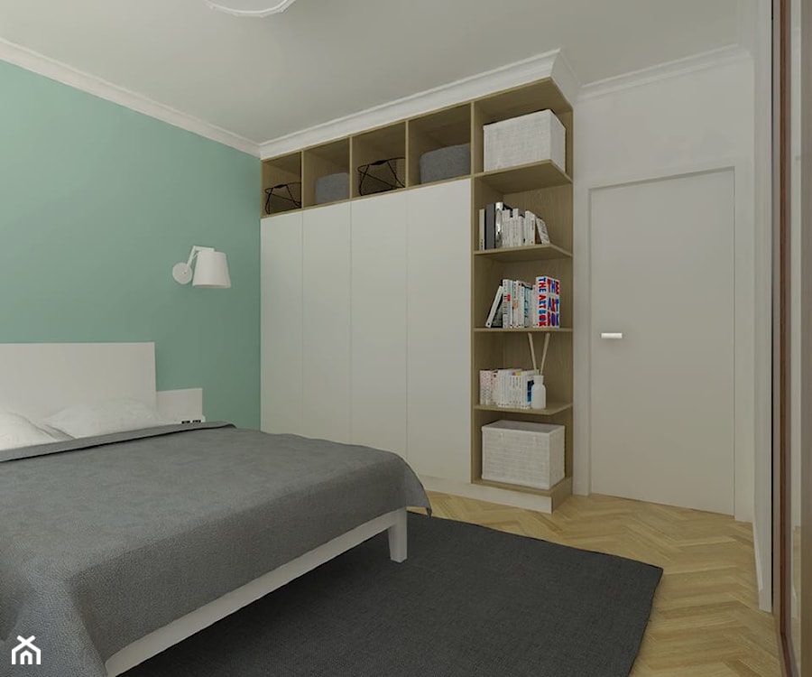 Mokotów - 64m² - Średnia biała zielona sypialnia, styl skandynawski - zdjęcie od Studio Monocco